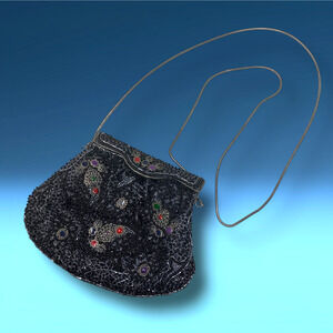 Vintage 1980s LaRegale Black Beaded Multicolor Enamel Special Occasion Purse Bag